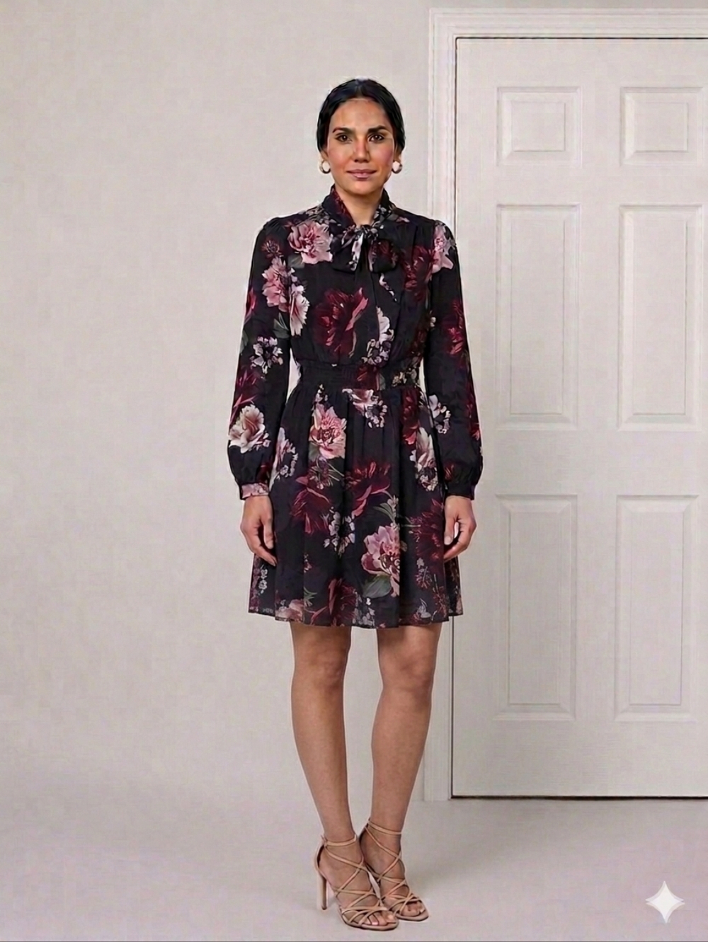 Ever New Black Floral Tie-Neck Midi Dress Size 2 to 4